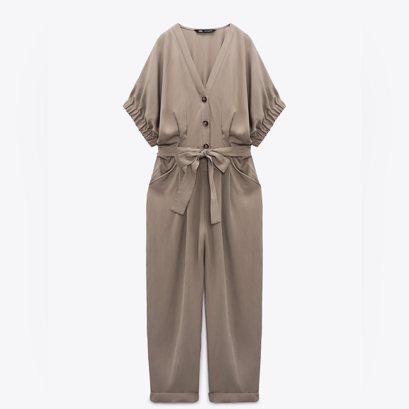 Zara Long Belted Mid-Camel Jumpsuit- Size Small- New with Tags - Picture 7 of 11